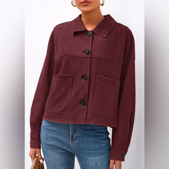 PRETTYGARDEN Faux Suede Cropped Jacket Burgundy Size L Like New - Picture 5 of 8